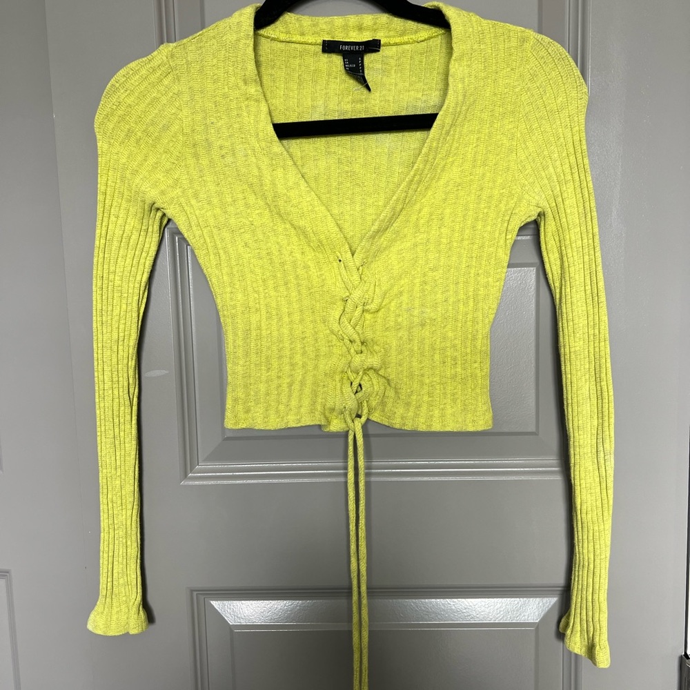 Forever 21 Lime Green Ribbed Lace-Up Crop Top Size Small